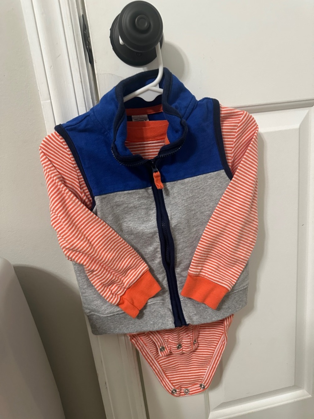 Carter's Orange Striped Onesie with Blue Zip Vest